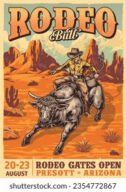 Bull rodeo colorful vintage poster with daredevil riding mad cow among sandy mountains and cacti vector illustration