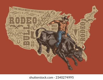 Bull rodeo colorful vintage sticker with man in cowboy clothes sitting astride wild cow near America map silhouette vector illustration