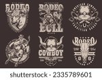 Bull rodeo monochrome set stickers with face aggressive animal and bold men in cowboy clothes inhabitants wild west vector illustration
