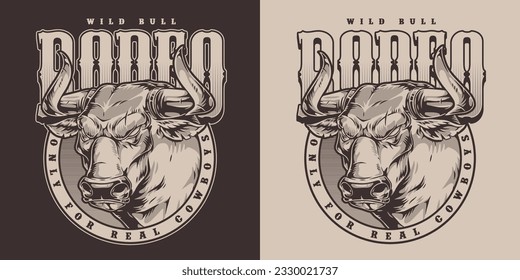 Bull rodeo monochrome vintage flyer with angry animal ready to fight real man in sports arena vector illustration