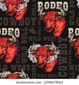 Bull rodeo seamless pattern colorful with head of evil animal among inscriptions about wild west and cowboys vector illustration