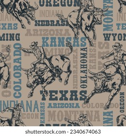 Bull rodeo seamless pattern colorful with daredevil riders in cowboy hats riding wild animal and USA city names vector illustration