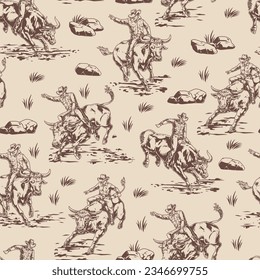 Bull rodeo seamless pattern monochrome with wild cow pranging to throw off cowboy sitting on his back vector illustration