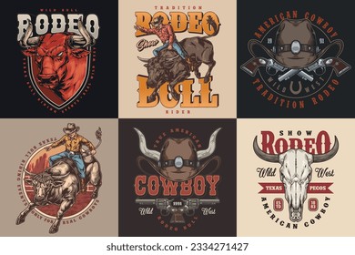 Bull rodeo set stickers colorful with revolvers and cowboy hat near man riding mad cow vector illustration