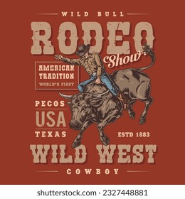 Bull rodeo show vintage flyer colorful with cheeky man riding maddened animal in traditional sporting event vector illustration