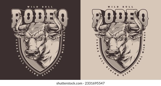 Bull rodeo vintage flyer monochrome with wild aggressive cow for inviting daredevils showing rider skills in arena vector illustration