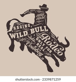 Bull rodeo vintage flyer monochrome with silhouette of cowboy riding wild cow to lure tourists to wild west vector illustration