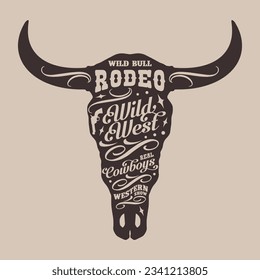 Bull rodeo vintage flyer monochrome with horned cow head silhouette to advertise wild west tourist trips vector illustration