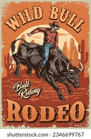 Bull Rodeo Vintage Poster bunt mit knackigem Tier, das den Cowboy im Grunge-Stil abwerfen will Vektorgrafik