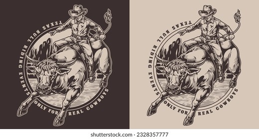 Bull rodeo vintage poster monochrome man in hat in saddle on aggressive animal for advertising extreme sports show vector illustration