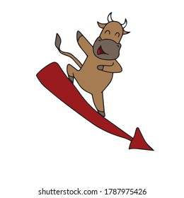 Bull rolls down on arrow Sticker, vector children's design for banners, postcards and social networks.