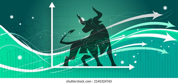 Bull Run oder bullish Markttrend in Krypto-Währung oder -Aktien. Handelsaustausch-Hintergrund, Pfeil-nach-oben-Grafik zur Erhöhung des Vermögenswerts. Kurskarte der Kryptowährung. Der Boom der Weltwirtschaft.