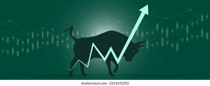 Bull run or bullish market trend in crypto currency or stocks. Trade exchange background, up arrow graph for increase in rates. Cryptocurrency price chart blockchain technology. Global economy boom.