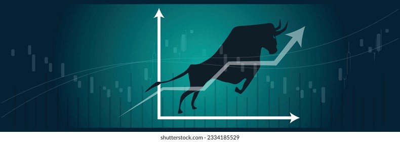 Bull run or bullish market trend in crypto currency or stocks. Trade exchange background, up arrow graph for increase in rates. Cryptocurrency price chart and blockchain technology.