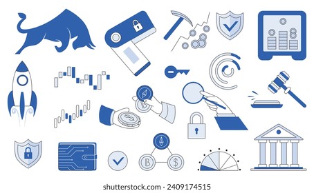 La corrida del alza o el alza de la tendencia del mercado la recolección de criptodivisa o la financiación de acciones. Iconos del juego de intercambio comercial. Tecnología de bloqueo de gráfico de precios de criptodivisa. El auge de la economía mundial aislado en segundo plano.