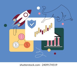 Bull run or bullish market trend collection cryptocurrency or stocks finance. Trade exchange set icons. Cryptocurrency price chart blockchain technology. Global economy boom isolated on background.