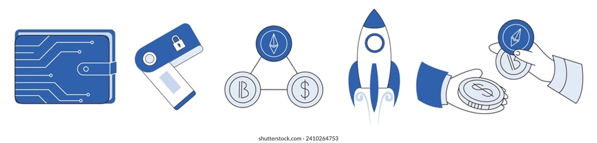 Bull run or bullish market trend collection cryptocurrency or stocks finance. Trade exchange set icons. Cryptocurrency price chart blockchain technology. Global economy boom isolated on background.