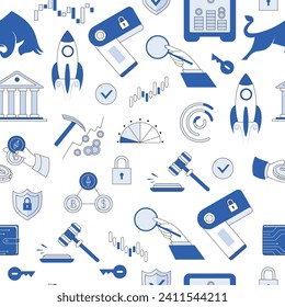 Bull run or bullish market trend seamless pattern cryptocurrency or finance. Trade exchange set icons. Cryptocurrency price chart blockchain technology. Global economy boom isolated on background.