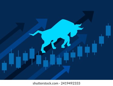 Bull run or bullish market trend in stock market. Trade exchange background, up arrow graph for increase in asset value. Cryptocurrency stock share price chart. Global economy boom.