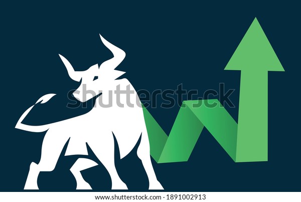 Bull run or bullish market trend in crypto currency or stocks. Trade exchange, green up arrow graph for increase in rates. Cryptocurrency price chart and blockchain technology. Global economy boom.