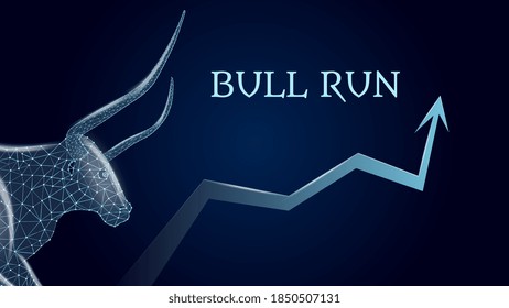 Bull run with a polygonal bull head and an upward arrow on dark blue background. Bullish trend on the stock exchange. Vector illustration.