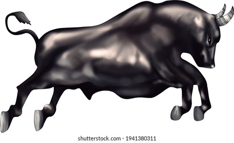 Bull running for attack isolated. Concept for bullfighting and tauromaquia and for up market in finance. Artwork illustration.