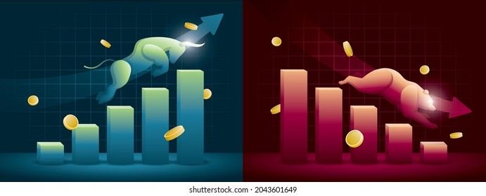 a bull is running up on upturn graph and a bear is running down on downturn graph. bullish and bearish market illustration vector svg