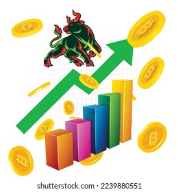 A bull is running up on upturn graph and a bear is running down on downturn graph. bullish and bearish market illustration vector.Bull market trend. growth chart. Stock Exchange and concept 