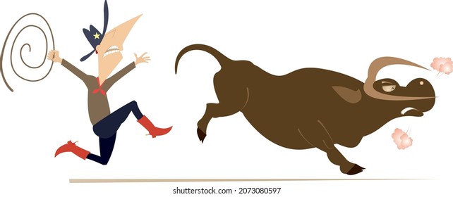 Bull runs away from the rider illustration. 
Funny famer or cowboy tries to lasso the bull isolated on white background
