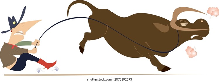 Bull runs away from the rider illustration. Funny famer or cowboy tries to stop a bull with lasso isolated on white background	