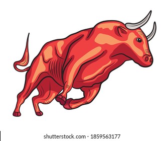 The bull runs full of energy. The big bull stands up before the run. Buffalo red symbol. Bull vector icon isolated on white background.