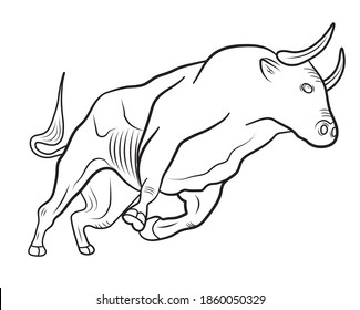 The bull runs full of energy. The big bull stands up before the run. Buffalo red symbol. Bull vector icon isolated on white background.