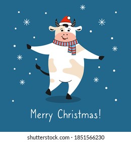 Bull with santa hat, greeting Christmas card. New Year symbol cartoon cow, buffalo or calf. Merry Christmas and happy New Year. Hand drawn animal character holidays vector