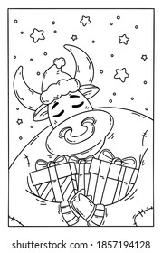 Bull in a santa hat and sweater with gifts. Year of the ox. Happy Cow. New year and merry christmas illustration. Chinese zodiac symbol of the year 2021. Coloring page for children book.