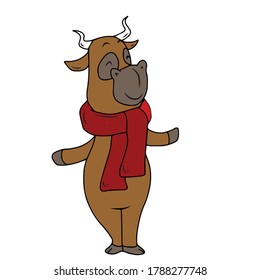 Bull in a scarf. Sticker, vector children's design for banners, postcards and social networks.