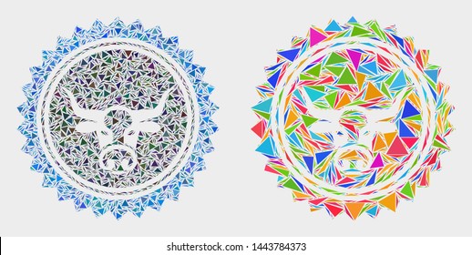 Bull seal stamp mosaic icon of triangle items which have variable sizes and shapes and colors. Geometric abstract vector illustration of bull seal stamp.