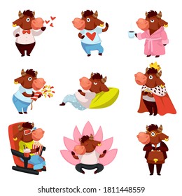 Bull sending kisses, drinking coffee in morning, watching films in cinema and eating popcorn. Funny animal stickers set. Sleeping, meditating and working ox, personage wearing crown vector in flat