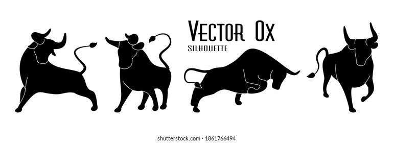 Bull set. Black silhouettes of ox on isolated white. Stylized icons of buffalo standing in different poses with horns. Bulls logo design collection. Vector stock illustration. Simple flat style.