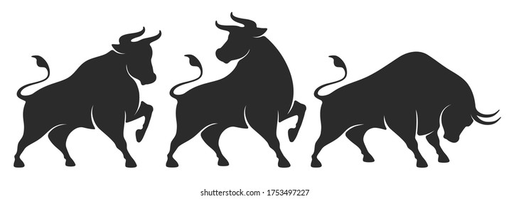 Bull set. Stylized silhouettes of standing in different poses and butting up bulls. Isolated on white background. Bull logo designs set. Vector illustration.