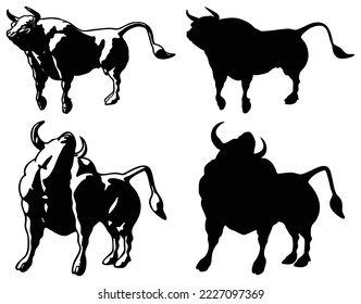 Bull set. Stylized silhouettes of standing in different poses and butting up bulls. Isolated on white background. Bull logo designs set. Vector illustration.