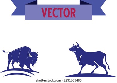 Bull set. Stylized silhouettes of standing in different poses and butting up bulls. Isolated on white background. Bull logo designs set. Vector illustration.