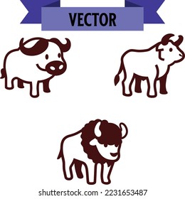 Bull set. Stylized silhouettes of standing in different poses and butting up bulls. Isolated on white background. Bull logo designs set. Vector illustration.