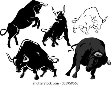 Bull Set-Variation of dynamic wild bull, isolated in white background