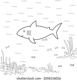 bull shark underwater garden predator karnivora fish seaweed coral reef sand coloring page sheet book for children kids
