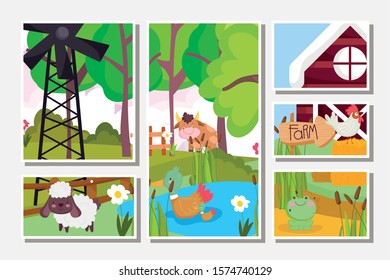 bull sheep hen ducks in lake windmill farm animals cards vector illustration