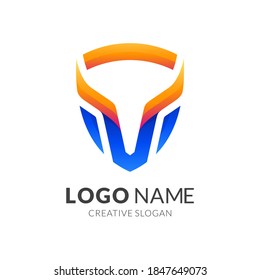 bull shield logo, bull and shield, combination logo with 3d blue and orange color style