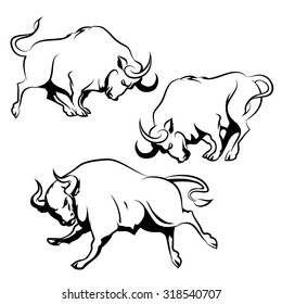 Bull Sign or Emblem set. Running Angry Bull in different poses. Isolated on white background.