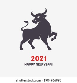 Bull silhouette with "happy new year 2021" title. Vector greeting card for new year with stylized black ox and greeting text on white background.