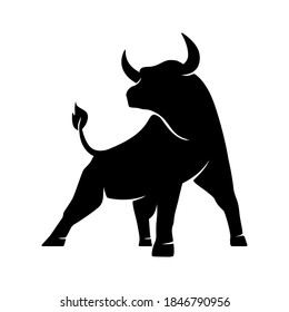Bull silhouette , monochrome logo, symbol of the year in the Chinese zodiac calendar. Vector illustration of a standing horned ox or a black angus isolated on a white background