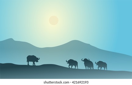 Bull silhouette in mountain scenery with blue backgrounds